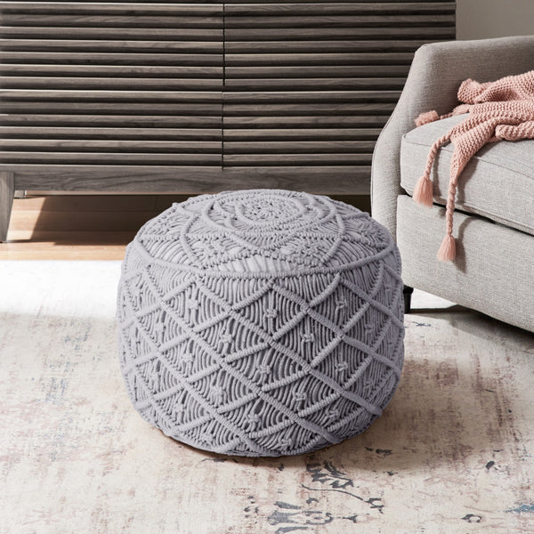 Homeroots 18" Light Gray Cotton Blend Round Geometric Pouf Ottoman Light Grey  486549