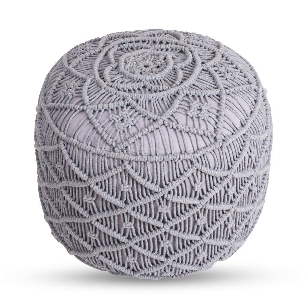 HomeRoots 18" Round Geometric Pouf Ottoman - Versatile Cotton Blend Accent for Stylish Seating & Footrest Light Grey 486549