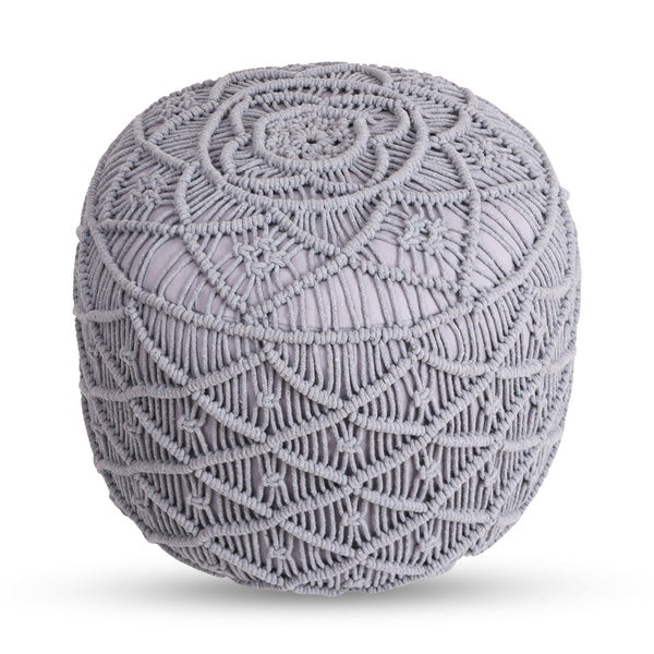 Homeroots 18" Light Gray Cotton Blend Round Geometric Pouf Ottoman Light Grey  486549