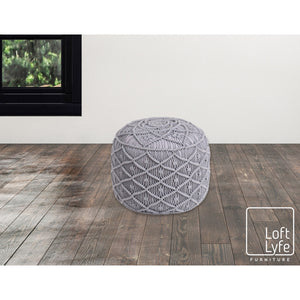 Homeroots 18" Light Gray Cotton Blend Round Geometric Pouf Ottoman Light Grey  486549
