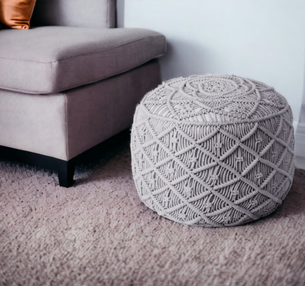 HomeRoots 18" Round Geometric Pouf Ottoman - Versatile Cotton Blend Accent for Stylish Seating & Footrest Light Grey 486549