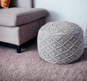Homeroots 18" Light Gray Cotton Blend Round Geometric Pouf Ottoman Light Grey  486549