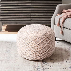 Homeroots 18" Ivory Cotton Blend Round Floral Pouf Ottoman Ivory  486550