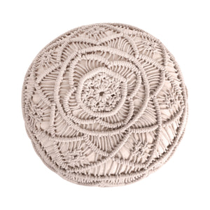 Homeroots 18" Ivory Cotton Blend Round Floral Pouf Ottoman Ivory  486550