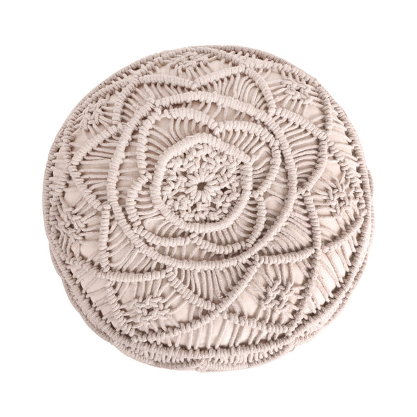 Homeroots 18" Ivory Cotton Blend Round Floral Pouf Ottoman Ivory  486550