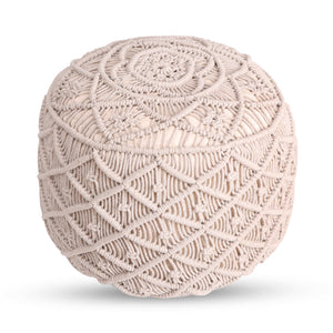 Homeroots 18" Ivory Cotton Blend Round Floral Pouf Ottoman Ivory  486550