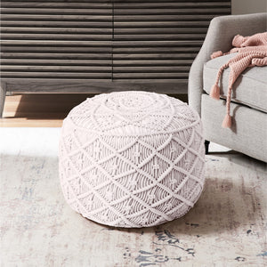 Homeroots 18" White Cotton Blend Round Floral Pouf Ottoman White  486551