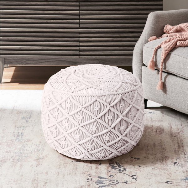 Homeroots 18" White Cotton Blend Round Floral Pouf Ottoman White  486551