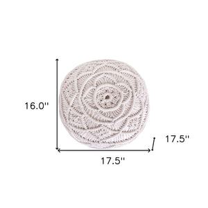 Homeroots 18" White Cotton Blend Round Floral Pouf Ottoman White  486551