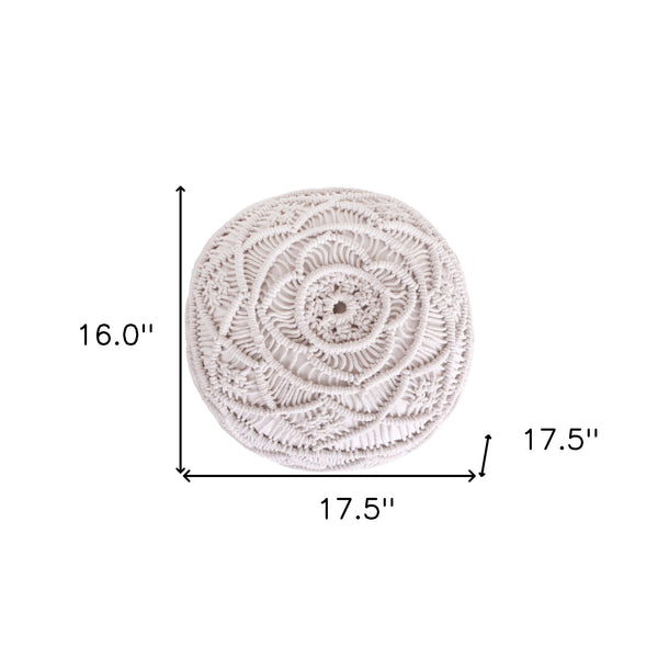 Homeroots 18" White Cotton Blend Round Floral Pouf Ottoman White  486551