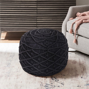 Homeroots 18" Black Cotton Blend Round Floral Pouf Ottoman Black  486552