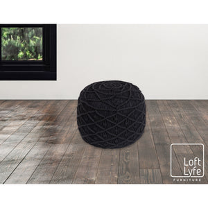 Homeroots 18" Black Cotton Blend Round Floral Pouf Ottoman Black  486552