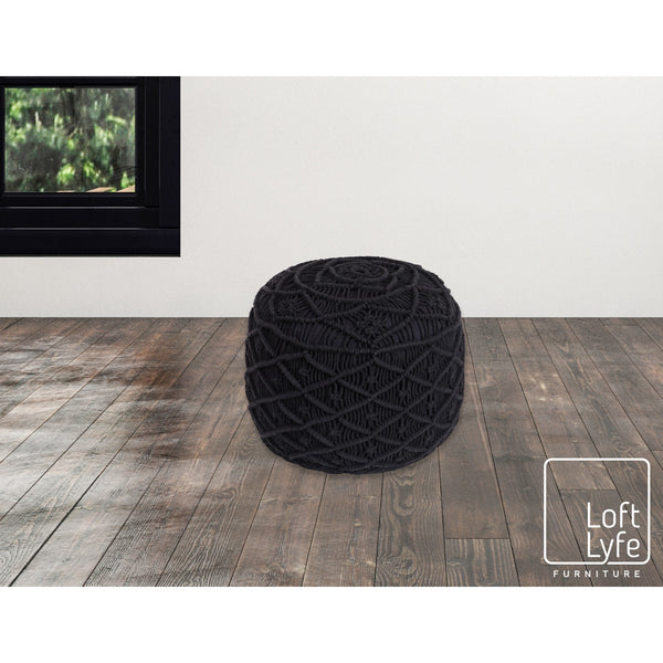 Homeroots 18" Black Cotton Blend Round Floral Pouf Ottoman Black  486552