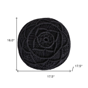 Homeroots 18" Black Cotton Blend Round Floral Pouf Ottoman Black  486552