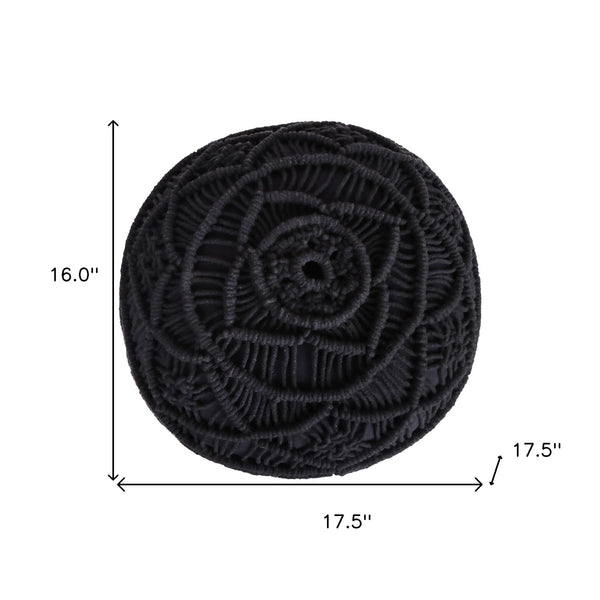 Homeroots 18" Black Cotton Blend Round Floral Pouf Ottoman Black  486552
