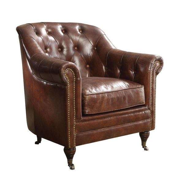 Homeroots 34" Top Grain Leather And Brown Tufted Chesterfield Chair   486553