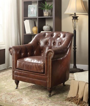 Homeroots 34" Top Grain Leather And Brown Tufted Chesterfield Chair   486553