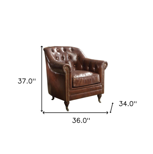 Homeroots 34" Top Grain Leather And Brown Tufted Chesterfield Chair   486553