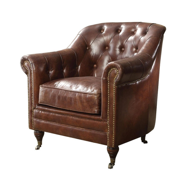 Homeroots 34" Top Grain Leather And Brown Tufted Chesterfield Chair   486553