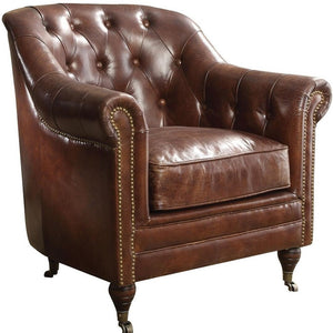 Homeroots 34" Top Grain Leather And Brown Tufted Chesterfield Chair   486553
