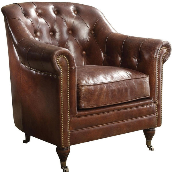 Homeroots 34" Top Grain Leather And Brown Tufted Chesterfield Chair   486553