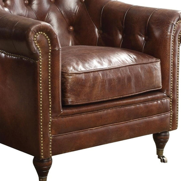 Homeroots 34" Top Grain Leather And Brown Tufted Chesterfield Chair   486553
