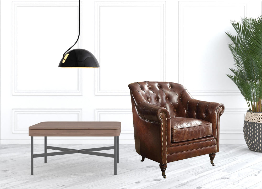 Homeroots 34" Top Grain Leather And Brown Tufted Chesterfield Chair   486553