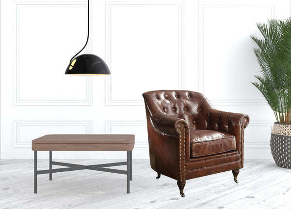 Homeroots 34" Top Grain Leather And Brown Tufted Chesterfield Chair   486553