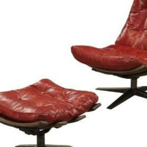 Homeroots 27" Red And Brown Top Grain Leather Tufted Swivel Lounge Chair With Ottoman   486561