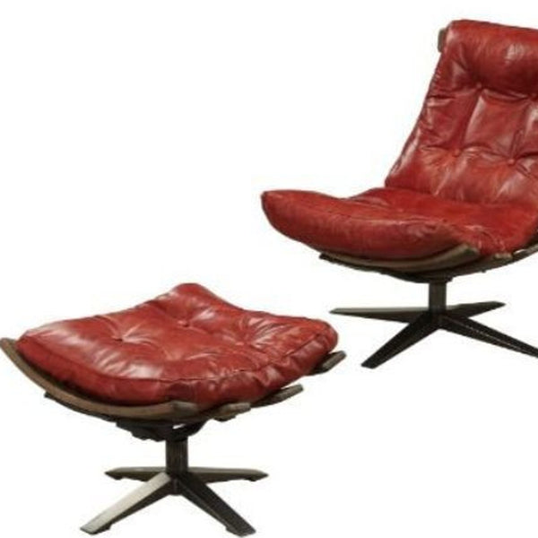 Homeroots 27" Red And Brown Top Grain Leather Tufted Swivel Lounge Chair With Ottoman   486561