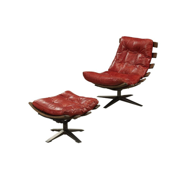Homeroots 27" Red And Brown Top Grain Leather Tufted Swivel Lounge Chair With Ottoman   486561