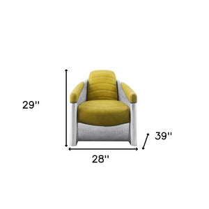 Homeroots 28" Yellow Top Grain Leather And Steel Barrel Chair   486562