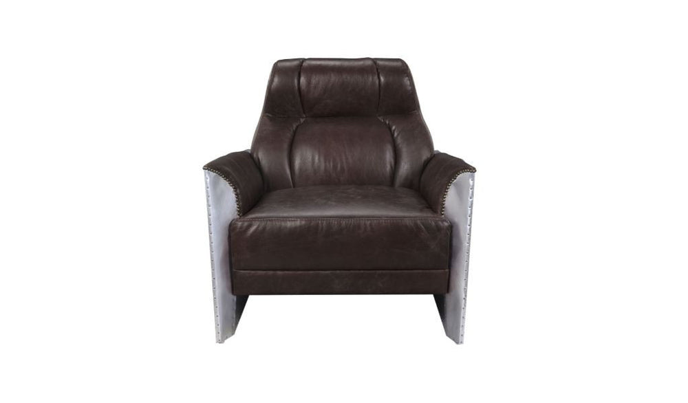 Homeroots 35" Espresso And Silver Top Grain Leather Tufted Club Chair   486564