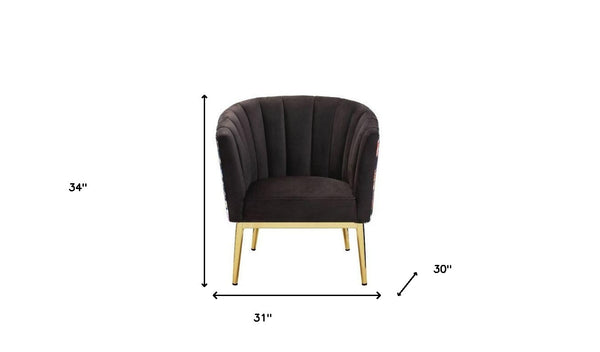 Homeroots 31" Black Velvet And Gold Striped Barrel Chair   486571
