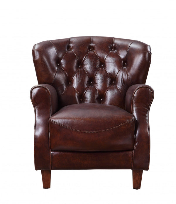 HomeRoots 30" Brown Top Grain Leather Tufted Club Chair with Steel Blue Legs - Elegant Comfort for Any Room 486573