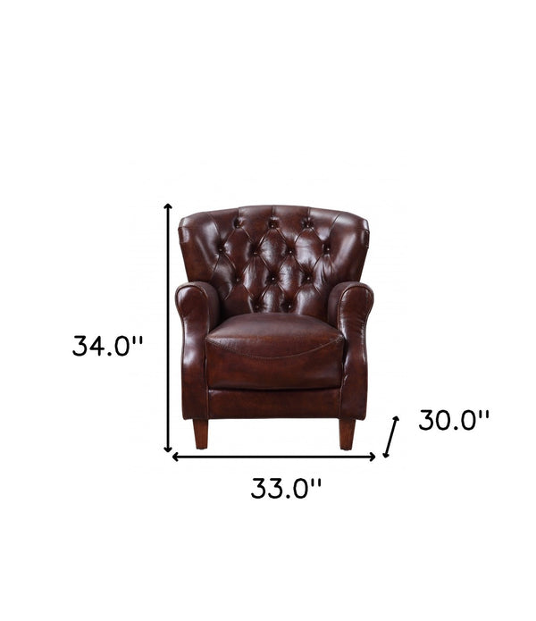 HomeRoots 30" Brown Top Grain Leather Tufted Club Chair with Steel Blue Legs - Elegant Comfort for Any Room 486573
