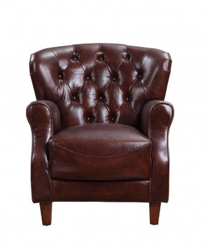 HomeRoots 30" Brown Top Grain Leather Tufted Club Chair with Steel Blue Legs - Elegant Comfort for Any Room 486573
