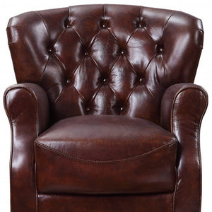 HomeRoots 30" Brown Top Grain Leather Tufted Club Chair with Steel Blue Legs - Elegant Comfort for Any Room 486573