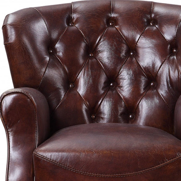 HomeRoots 30" Brown Top Grain Leather Tufted Club Chair with Steel Blue Legs - Elegant Comfort for Any Room 486573