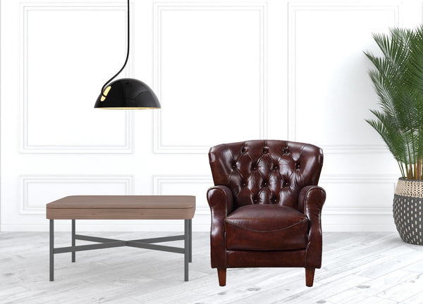 HomeRoots 30" Brown Top Grain Leather Tufted Club Chair with Steel Blue Legs - Elegant Comfort for Any Room 486573
