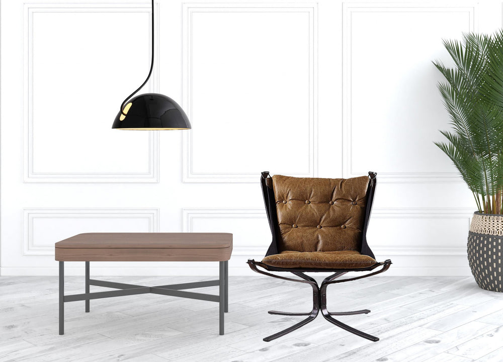 Homeroots 30" Coffee Top Grain Leather And Steel Solid Color Lounge Chair   486574