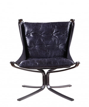 HomeRoots 30" Luxurious Blue Top Grain Leather Tufted Lounge Chair for Elegant Living Rooms & Offices 486575