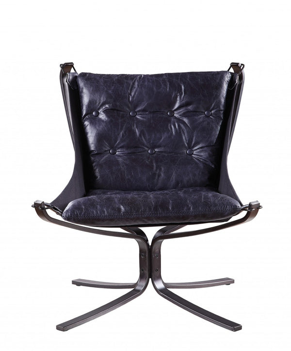 HomeRoots 30" Luxurious Blue Top Grain Leather Tufted Lounge Chair for Elegant Living Rooms & Offices 486575