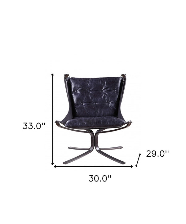 HomeRoots 30" Luxurious Blue Top Grain Leather Tufted Lounge Chair for Elegant Living Rooms & Offices 486575