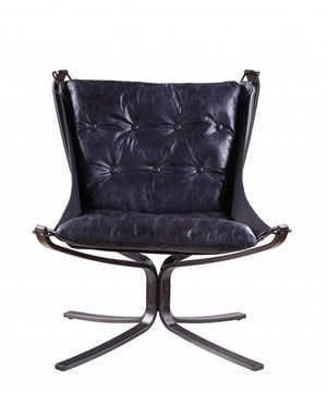 HomeRoots 30" Luxurious Blue Top Grain Leather Tufted Lounge Chair for Elegant Living Rooms & Offices 486575