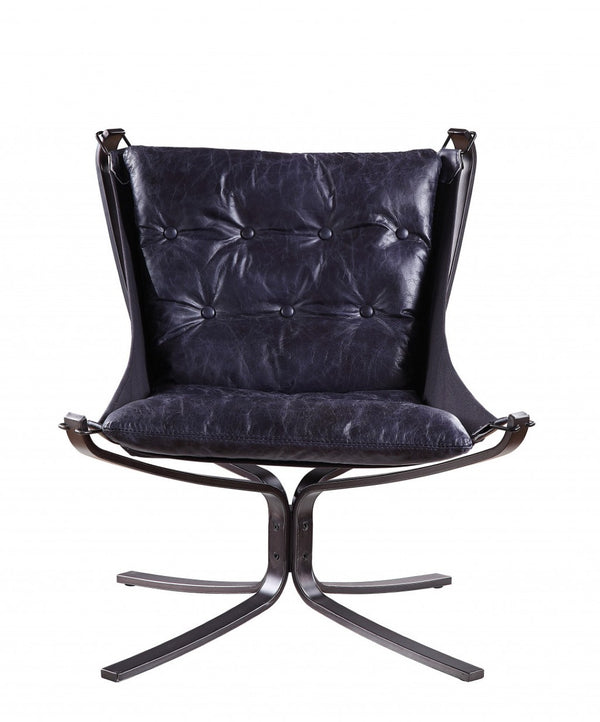 HomeRoots 30" Luxurious Blue Top Grain Leather Tufted Lounge Chair for Elegant Living Rooms & Offices 486575