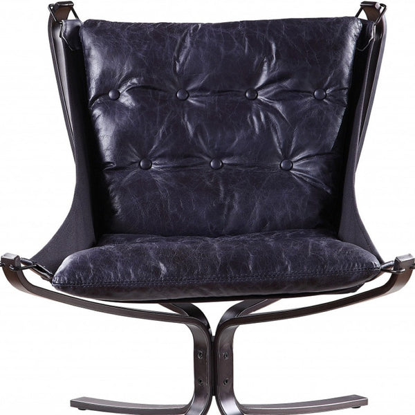 HomeRoots 30" Luxurious Blue Top Grain Leather Tufted Lounge Chair for Elegant Living Rooms & Offices 486575