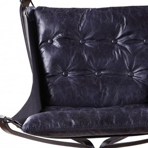 HomeRoots 30" Luxurious Blue Top Grain Leather Tufted Lounge Chair for Elegant Living Rooms & Offices 486575
