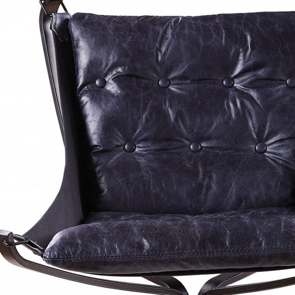 HomeRoots 30" Luxurious Blue Top Grain Leather Tufted Lounge Chair for Elegant Living Rooms & Offices 486575