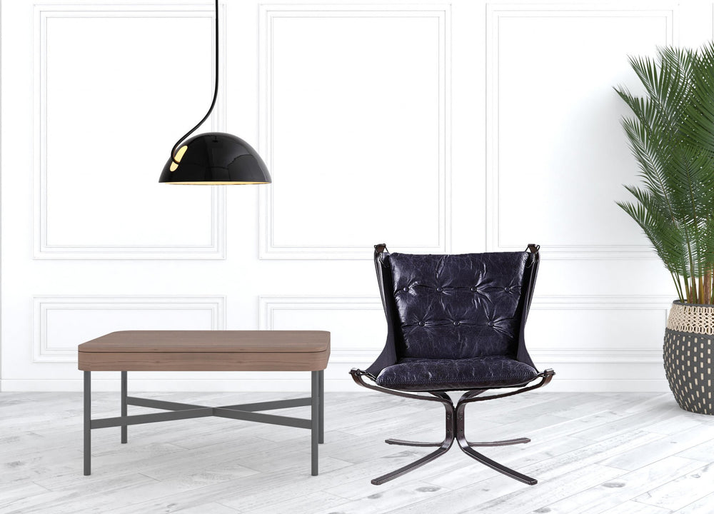 Homeroots 30" Vintage Blue Top Grain Leather And Steel Solid Color Lounge Chair   486575